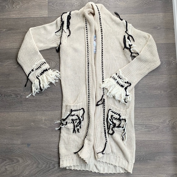 For Love and Lemons Knitz Denver Cardigan Sweater Chunky Knit Fringe Ivory - Picture 2 of 16